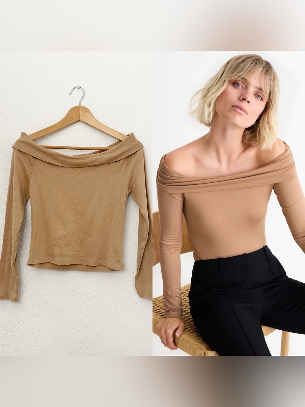 Urban Rebel Minimalist Off The Shoulder Long Sleeve Top Neutral Beige